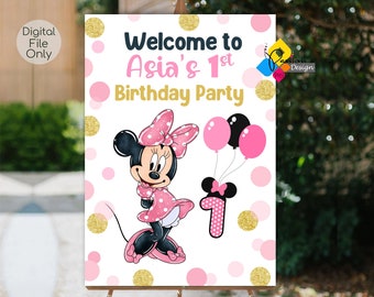 Printable MINNIE MOUSE Watercolor Birthday Welcome Board. Custom Minnie Mouse Pink Gold DOTS Welcome Sign. Digital Minnie Mouse Party Poster