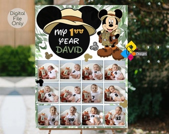 Printable MICKEY MOUSE Safari Baby's First Year Photo Poster. Mickey Mouse 1st Birthday Photo Collage Sign. Mickey Mouse Wild Pictures Board