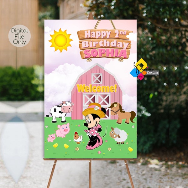 Printable MINNIE Mouse Farm PINK Birthday Welcome Board. CUSTOM Minnie Mouse Farm Barn Party Sign. Minnie Mouse Farm Birthday Pink Poster