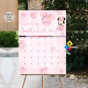 Póster Imprimible de Fecha de Parto de MINNIE MOUSE Bebé. Juego de Baby Shower personalizado de Minnie Mouse. Adivina la fecha de nacimiento del bebé. Calendario de fecha de vencimiento de la fiesta de bienvenida al bebé