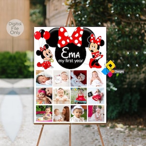 Printable Red MINNIE MOUSE Baby First Year Photo Poster. Minnie Mouse 1st Birthday Photo Collage Sign. Minnie Mouse One Year Pictures Board