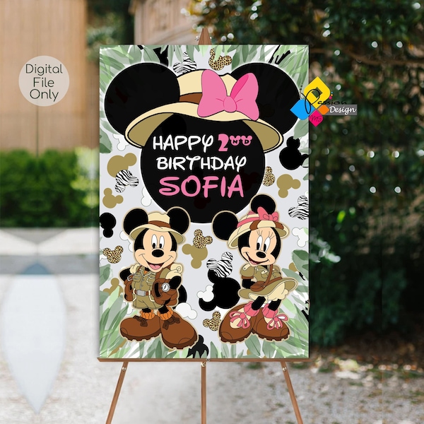 Printable MICKEY And MINNIE Mouse Safari GIRL Birthday Welcome Board. Custom Mickey Minnie Mouse Party Decor. Mickey Minnie Birthday Poster