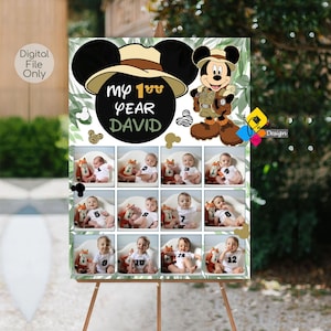 Póster fotográfico del primer año del bebé de MICKEY MOUSE Safari imprimible. Signo de collage de fotos del primer cumpleaños de Mickey Mouse. Tablero de imágenes salvajes de Mickey Mouse