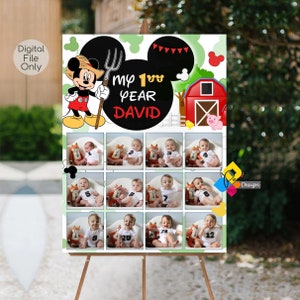 Póster fotográfico del primer año del bebé granjero de MICKEY MOUSE imprimible. Signo de collage de fotos del primer cumpleaños de Mickey Mouse. Tablero de imágenes de la granja de Mickey Mouse