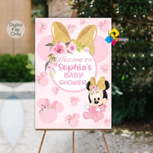 Tablero de Bienvenida para Baby Shower de MINNIE MOUSE para imprimir. Cartel de bienvenida personalizado de Minnie Mouse. Póster digital de Minnie Mouse. Rosa, Oro y Flores