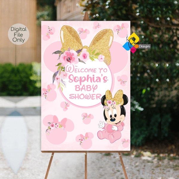 Printable MINNIE MOUSE Baby Shower Welcome Board. Custom Baby Minnie Mouse Welcome Sign. Digital Minnie Mouse Poster. Pink, Gold and Flowers