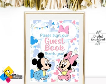 Placa de revelação do sexo do bebê MICKEY e Minnie MOUSE para impressão. Por favor, assine nosso pôster do livro de visitas. Placa de bebê Mickey e Minnie. Download instantâneo
