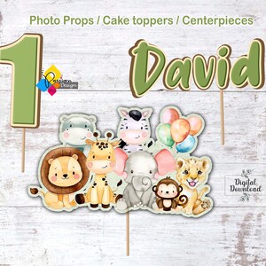 Printable Safari Animals Birthday Cake Toppers. Custom Name Safari Photo Props. DIY Jungle Animals First Birthday Table Centerpiece