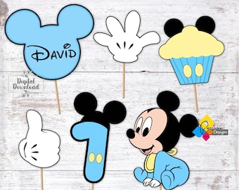 Wydrukowane niebieskie ozdoby na tort urodzinowy Myszki Miki. Centralne elementy przyjęcia. Dekoracje stołu. Rekwizyty do zdjęć. Spersonalizowane dekoracje Myszki Miki