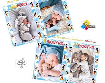 Printable Mickey Mouse First Birthday Photo Banner. DIY Mickey Mouse Photo Garland. Digital Download Baby's 1st Year Monthly Milestone Cards