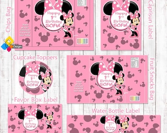 Printable Pink MINNIE MOUSE Party Kit. Custom Birthday Labels: Favor Box, Chips Bag, Caprisun, Fruit Snacks, Water Bottle, Cupcake Toppers