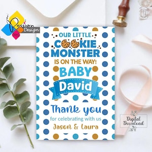 Cartão de agradecimento para chá de bebê com biscoitos para impressão. Cartão de agradecimento personalizado para mesa de chá de bebê com biscoitos. Decoração de festa de biscoitos faça você mesmo