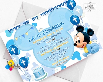 Printable Mickey Mouse Baptism Birthday Invitation.Custom Mickey Mouse Invite. Digital Mickey Mouse First Birthday Christening Invitation