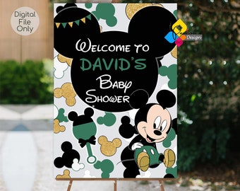 Quadro de boas-vindas para chá de bebê do MICKEY MOUSE para impressão. Placa de boas-vindas VERDE personalizada do Mickey Mouse. Pôster do bebê Mickey Mouse. Festa de bebê do Mickey Mouse