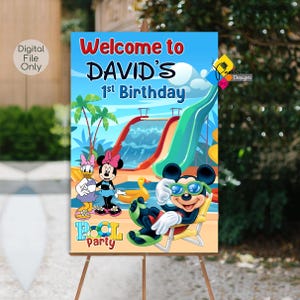 May include: A welcome sign for a 1st birthday party with a pool theme. The sign features Mickey Mouse and Minnie Mouse in swimsuits, along with a water slide and palm trees. The text on the sign reads "Welcome to DAVID'S 1st Birthday Pool Party".