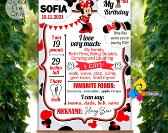 Placa imprimible MINNIE MOUSE RED Milestone. Primer cumpleaños Minnie Mouse Hito Signo. Póster personalizado de Minnie Mouse para el primer cumpleaños