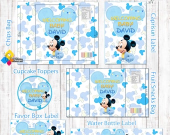 Kit de Fiesta Imprimible de MICKEY MOUSE. Etiquetas personalizadas para Baby Shower: caja de regalos, bolsa de papas fritas, Caprisun, bocadillos de frutas, botella de agua, adornos para cupcakes