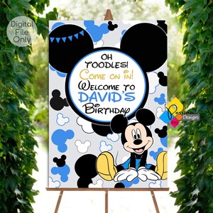 Tabellone di benvenuto compleanno MICKEY MOUSE stampabile BLU Nero. Cartello di benvenuto personalizzato di Topolino. Poster digitale di Topolino. Festa di Topolino