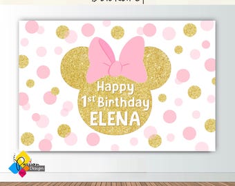 Printable MINNIE MOUSE Birthday Pink Gold Dots Backdrop. CUSTOM Minnie Mouse Party Decoration. Minnie Mouse Birthday 6'x4' Party Banner