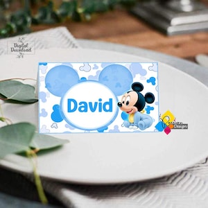 Tienda imprimible para tarjetas de lugar para fiesta de cumpleaños de Mickey Mouse. Tarjeta editable con el nombre de Mickey Mouse. Tarjeta con el nombre de Mickey Mouse para baby shower. Descarga instantánea.