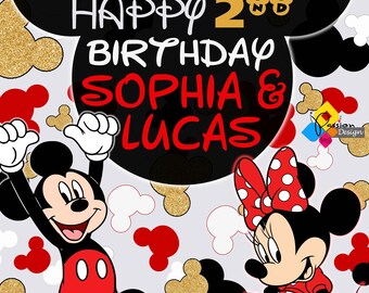 印刷可能なミッキーとミニーマウスの誕生日ウェルカムボード。カスタム