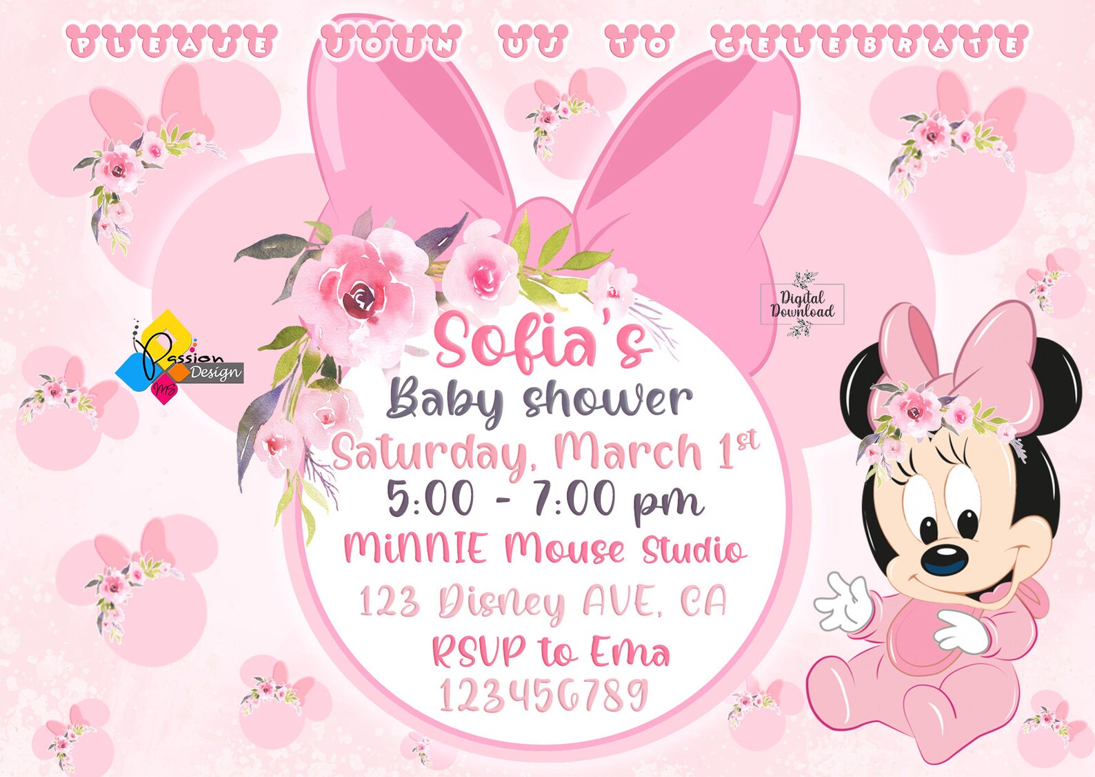 Printable MINNIE MOUSE Baby Shower Floral Invitation. Custom - Etsy