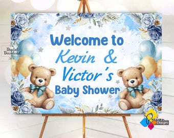 Utskrivbara björnballonger, babyshower, tvillingar, pojkar, välkomsttavla. Personlig nallebjörn, pojkars festskylt. Digital björnballongaffisch.