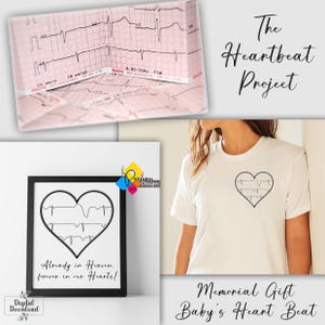 May include: A black framed print with a white heart shape containing a black and white heartbeat line graphic. The text "Already in Heaven, forever in our Hearts!" is below the heart. The print is on a white background. The text "The Heartbeat Project" is in black cursive text on a white background. A white t-shirt with a black heart shape containing a black and white heartbeat line graphic is on a white background. The text "Memorial Gift Baby's Heart Beat" is in black text on a white background.