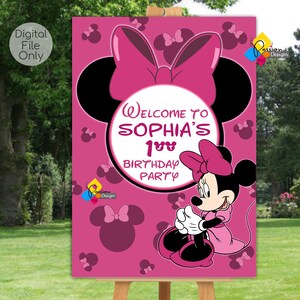 Tablero de bienvenida de cumpleaños de MINNIE MOUSE imprimible. Custom Minnie Mouse Dark Pink Welcome Sign. Póster digital de Minnie Mouse. Fiesta del ratón Minnie