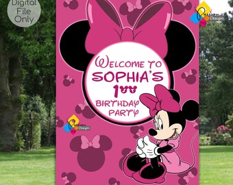 Printable MINNIE MOUSE Birthday Welcome Board. Custom Minnie Mouse Dark Pink Welcome Sign. Digital Minnie Mouse Poster. Minnie Mouse Party