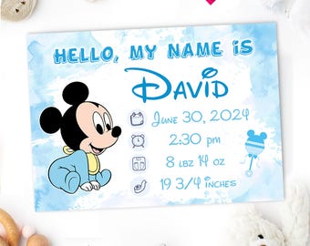 Printable Baby Name Announcement MICKEY MOUSE Newborn Stats Sign. Personalized Newborn Photo Prop. Birth Announcement Sign. Baby Shower Sign