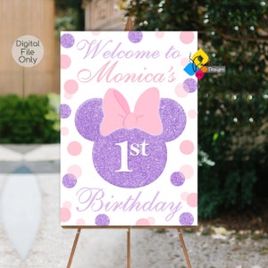 Printable MINNIE MOUSE Birthday Welcome Board. Custom Minnie Mouse Pink and Purple DOTS Welcome Sign. Digital Minnie Mouse Party Poster