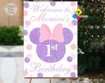 Printable MINNIE MOUSE Birthday Welcome Board. Custom Minnie Mouse Pink and Purple DOTS Welcome Sign. Digital Minnie Mouse Party Poster