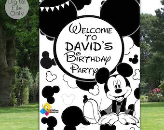 印刷可能なミッキーマウスの誕生日ウェルカムボードモノクロ。カスタム