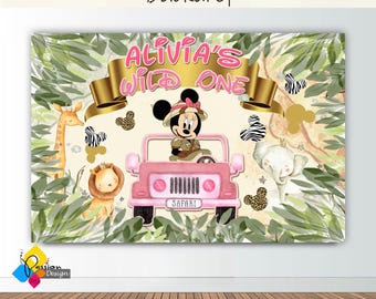 Printable MINNIE MOUSE Safari Animals Birthday Backdrop. CUSTOM Minnie Mouse Wild One Safari Party Background. Minnie Mouse Banner 12'x8'