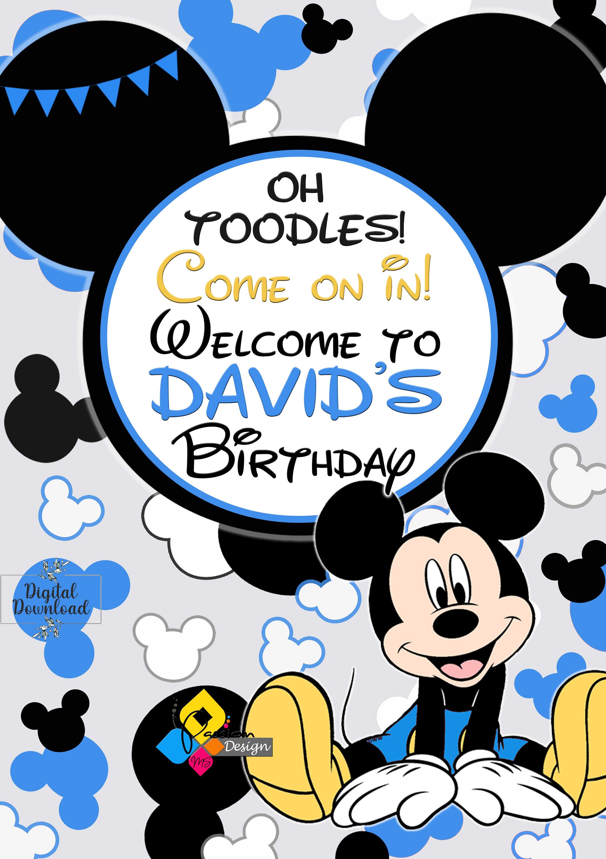 印刷可能なミッキーマウスの誕生日ウェルカムボード ブルー ブラック