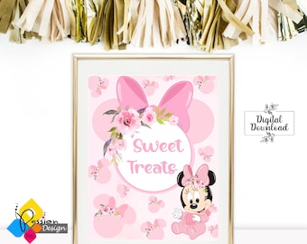 Sinal de mesa de guloseimas doces para bebê MINNIE MOUSE para impressão. Pôster de mesa de doces para chá de bebê da MINNIE Mouse. Download instantâneo