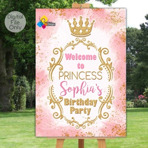 Printable PRINCESS Party Pink Gold Welcome Board. Princess Theme Birthday Decoration. Personalized Princess Crown Welcome Sign. Party Poster