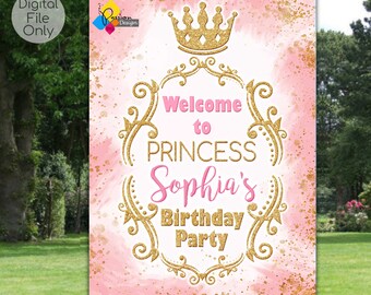 Printable PRINCESS Party Pink Gold Welcome Board. Princess Theme Birthday Decoration. Personalized Princess Crown Welcome Sign. Party Poster