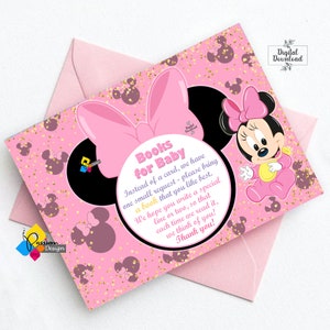 Afdrukbare Baby MINNIE Mouse Boekverzoekkaart. Minnie Mouse babyshowerboeken voor babykaart. Directe download