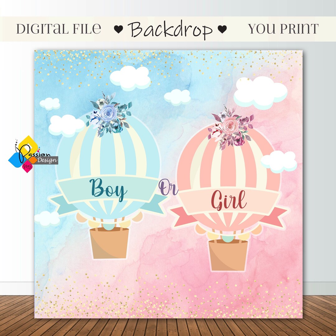 Printable BOY or GIRL GENDER Reveal Backdrop. Hot Air Balloon / He or ...