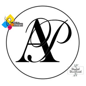 May include: Black and white monogram design of the letters A and P in a circle. The letters are intertwined and the design is elegant and simple.