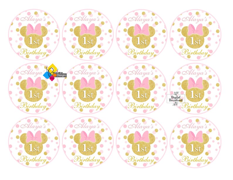 Utskrivbart MINNIE MOUSE-festkit. Personliga födelsedagsetiketter: Presentask, Chipspåse, Caprisun, Fruktsnacks, Vattenflaska, Cupcake-dekorationer bild 3