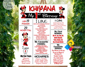 Tablero de hitos de MINNIE MOUSE imprimible. Primer cumpleaños Minnie Mouse rojo blanco hito signo. Póster de cumpleaños personalizado de Minnie Mouse