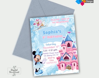 Printable Minnie Mouse and Daisy Duck Winter Birthday Party Invitation. Custom Digital Minnie Mouse and  Daisy Duck Snow Birthday Invitation