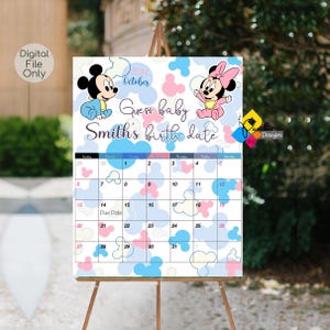 Póster imprimible con la fecha prevista del parto de Mickey y Minnie Mouse. Juego para baby shower de Mickey Mouse. Adivina la fecha de nacimiento del bebé. Calendario de fechas previstas para baby shower