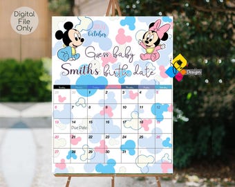 Cartaz de data de parto para impressão do bebê MICKEY & MINNIE MOUSE. Jogo de chá de bebê do Mickey Mouse. Adivinhe a data de nascimento do bebê. Calendário de data de parto do chá de bebê
