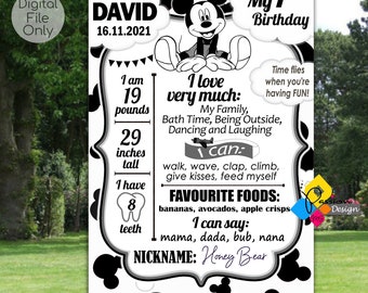 Printable MICKEY MOUSE Monochrome Milestone Board. First Birthday Mickey Mouse Milestone Sign. Custom Black And White Mickey Mouse Poster