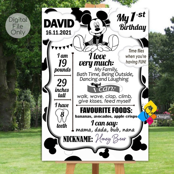 Printable MICKEY MOUSE Monochrome Milestone Board. First Birthday Mickey Mouse Milestone Sign. Custom Black And White Mickey Mouse Poster