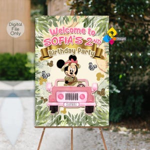 Printable MINNIE Mouse Safari Jeep GIRL Birthday Welcome Board. Custom Minnie Mouse Safari Party Sign. Pink Minnie Mouse Birthday Poster